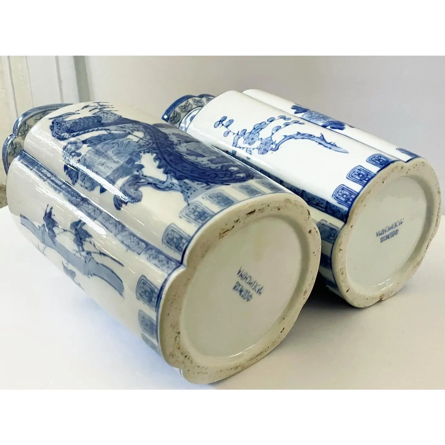 Large Blue and White Chinoiserie Vases With Peacocks - Set of 2