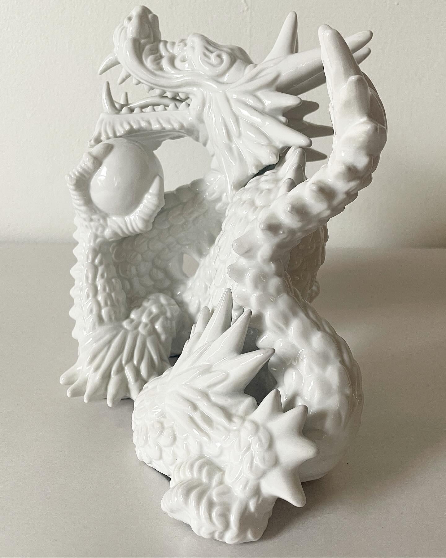 Mid Century Porcelain Dragon Sculpture Holding a Pearl