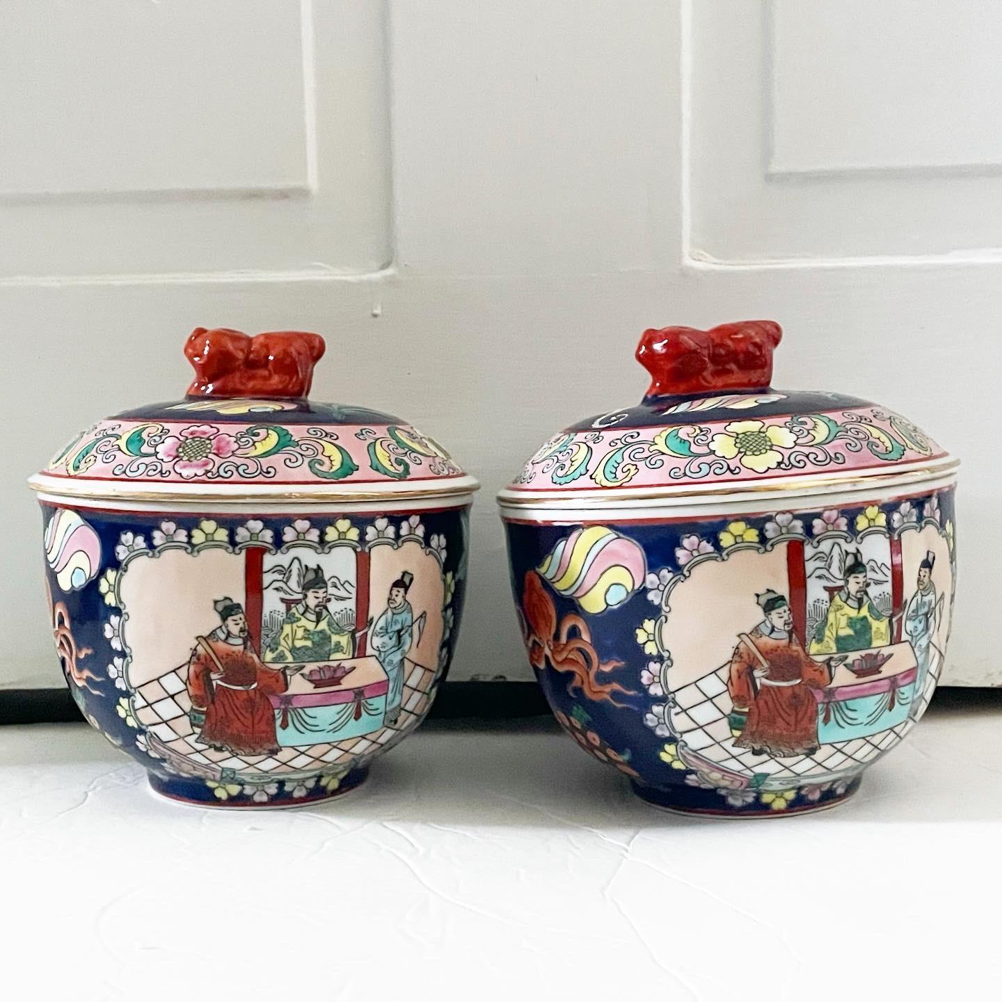 Early 20th Century Asian Ceramic Jars With Sea Life - a Pair