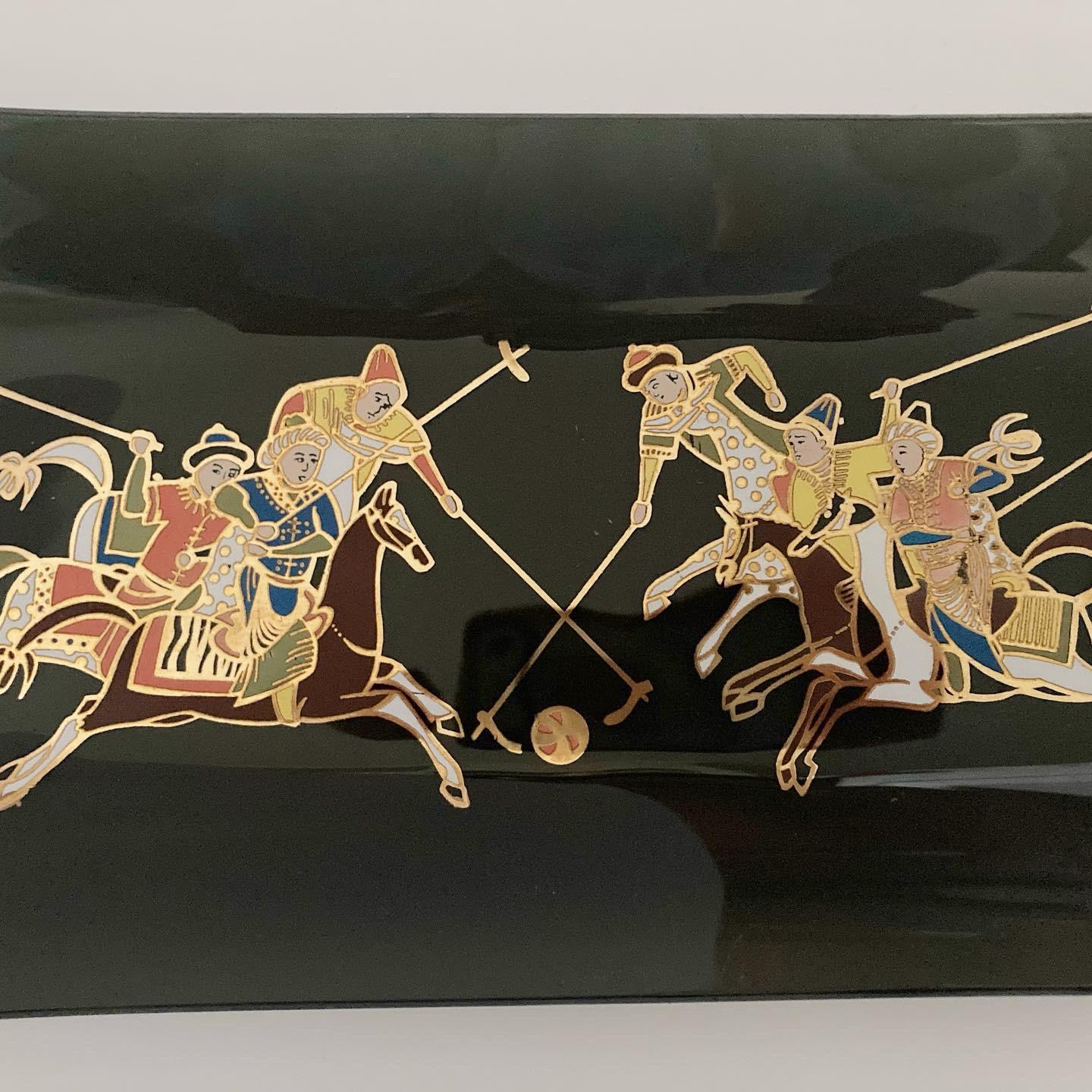 Mid 20th Century Asian Polo Scene Smoke Glass Tray