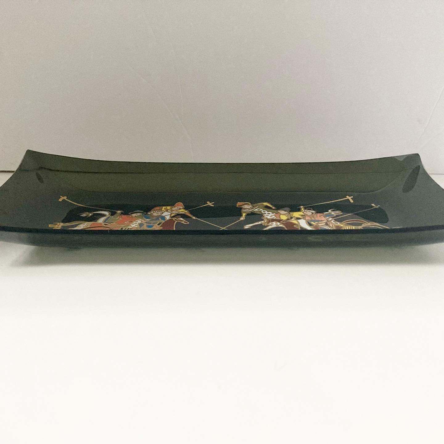 Mid 20th Century Asian Polo Scene Smoke Glass Tray