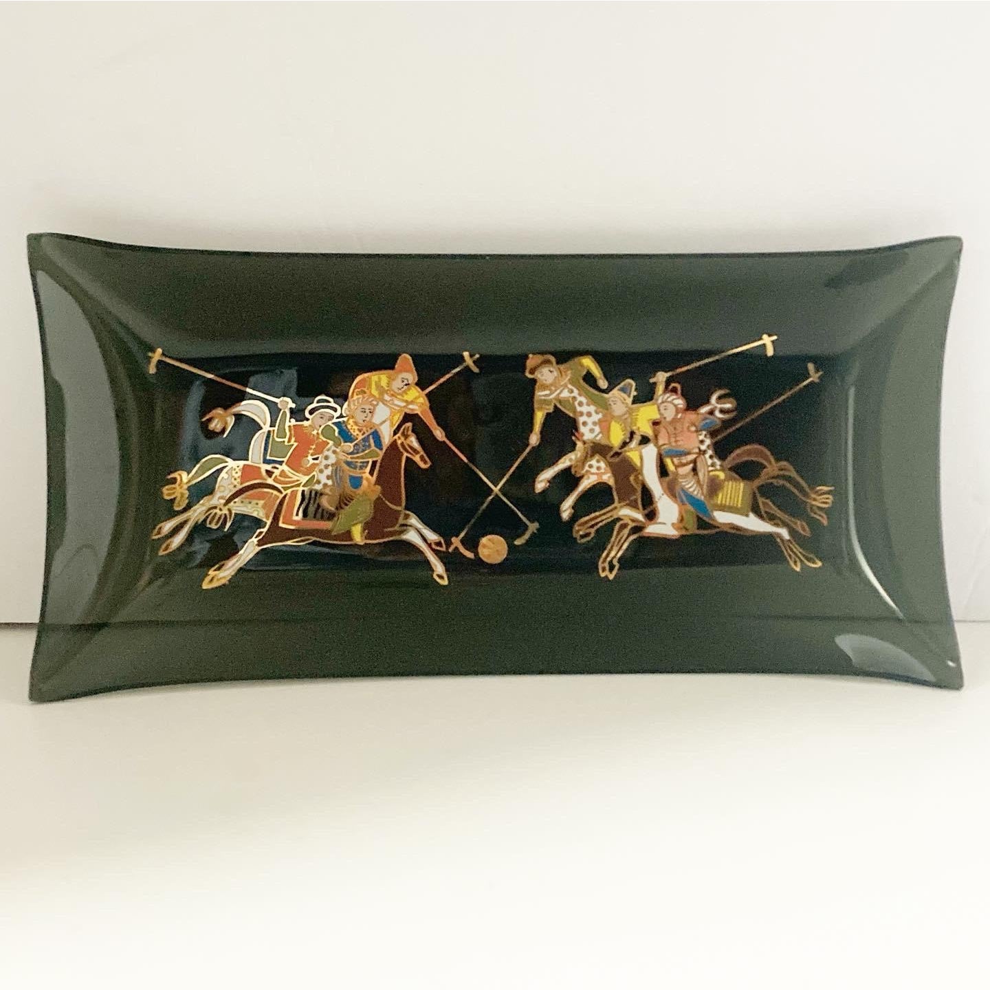 Mid 20th Century Asian Polo Scene Smoke Glass Tray