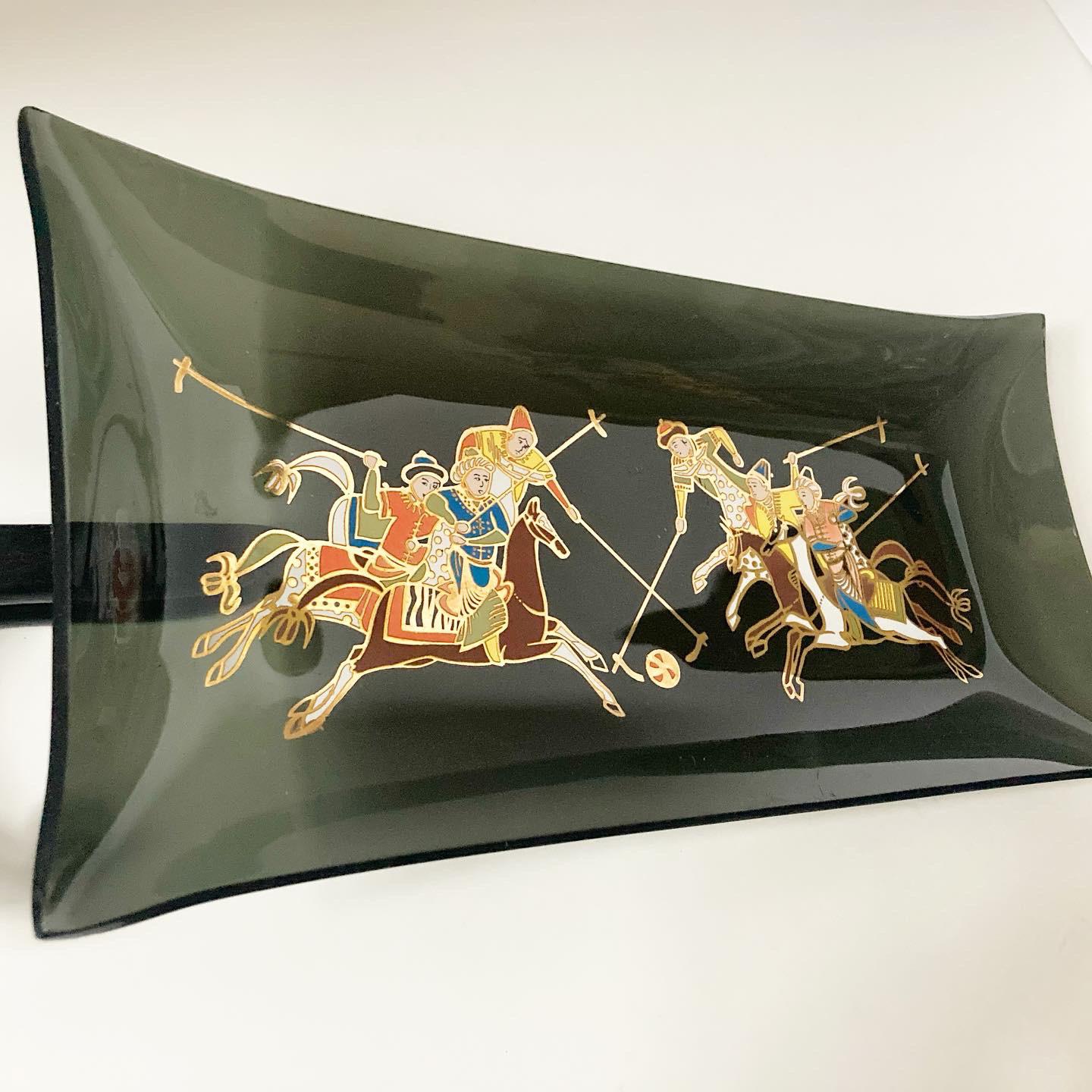 Mid 20th Century Asian Polo Scene Smoke Glass Tray
