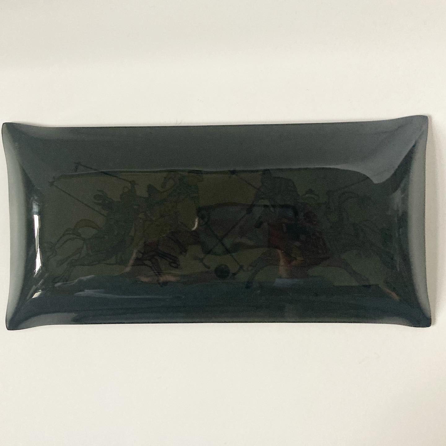 Mid 20th Century Asian Polo Scene Smoke Glass Tray