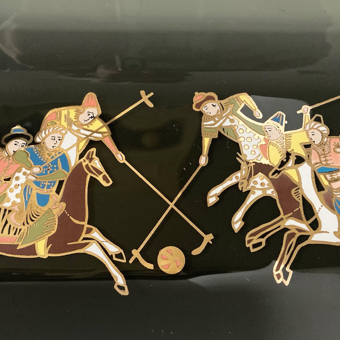 Mid 20th Century Asian Polo Scene Smoke Glass Tray