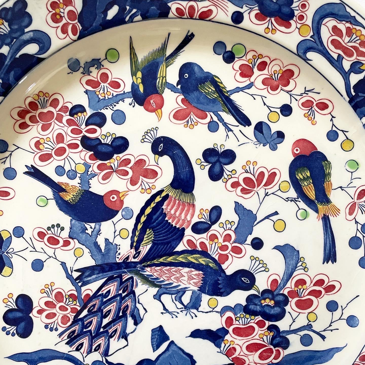 Mid 20th Century Extra Large Ceramic Charger With Peacocks and Various Birds