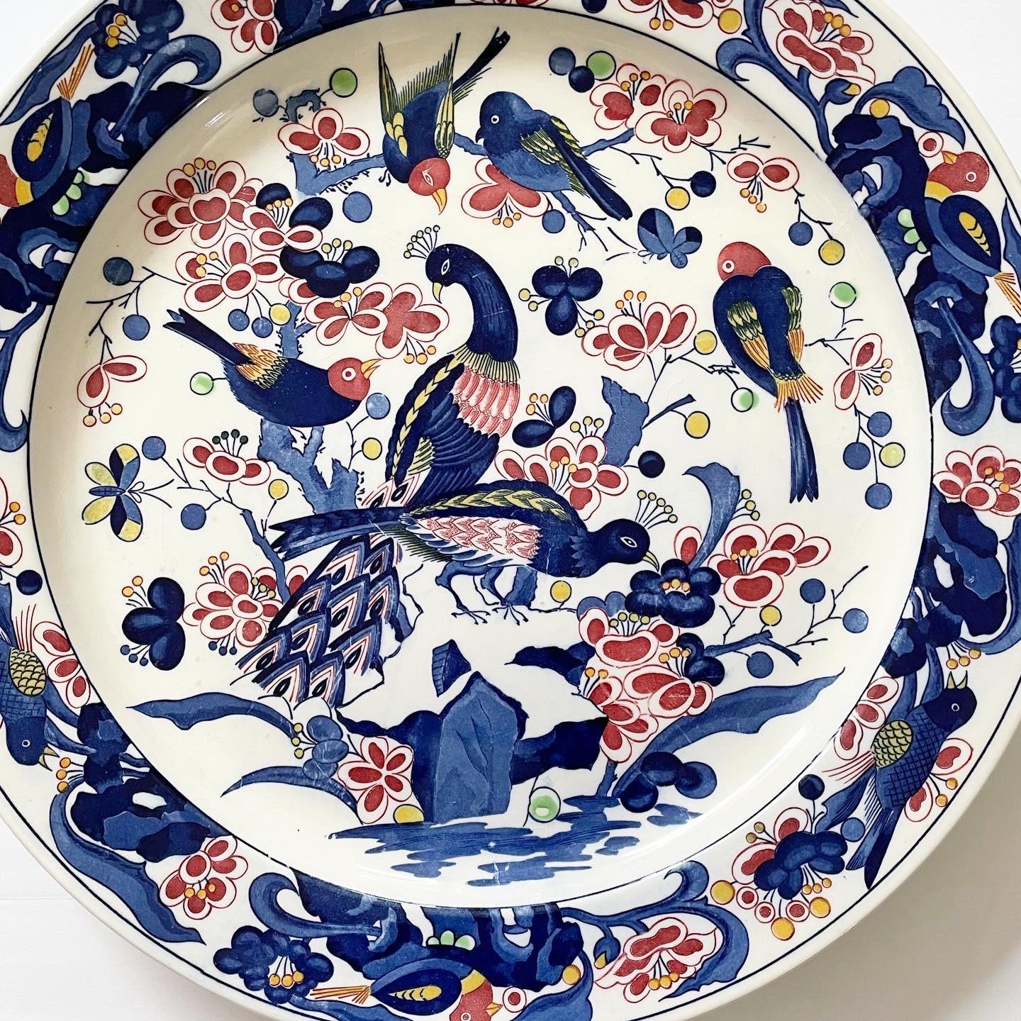 Mid 20th Century Extra Large Ceramic Charger With Peacocks and Various Birds