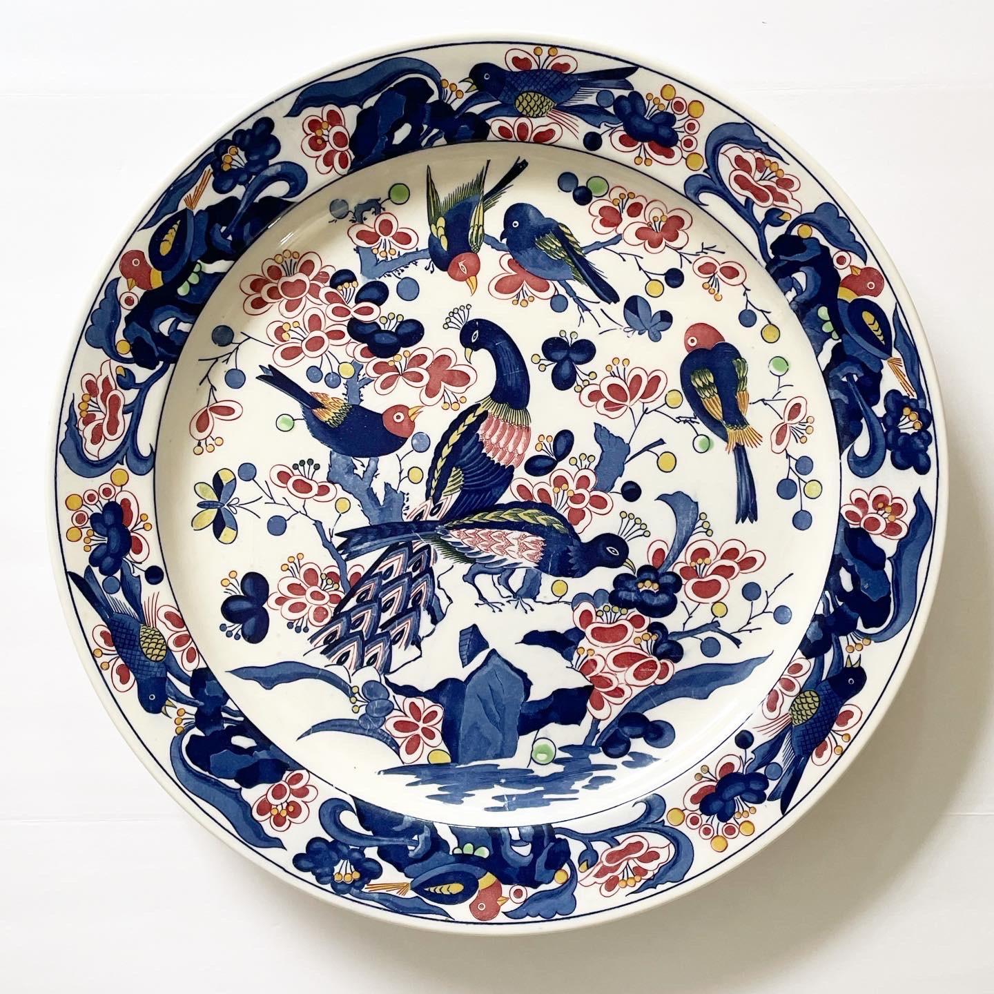 Mid 20th Century Extra Large Ceramic Charger With Peacocks and Various Birds