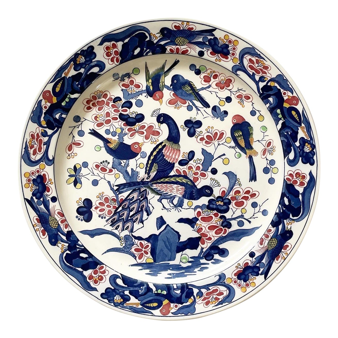 Mid 20th Century Extra Large Ceramic Charger With Peacocks and Various Birds