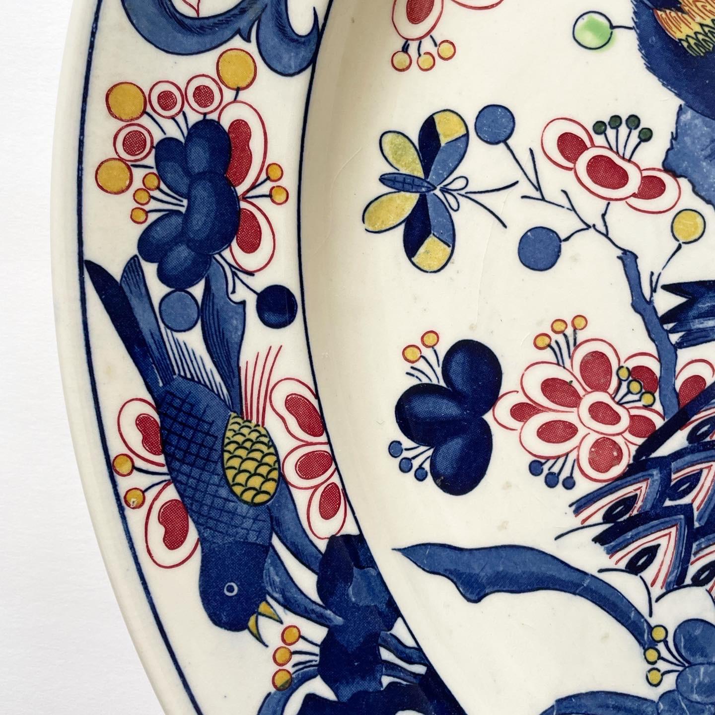 Mid 20th Century Extra Large Ceramic Charger With Peacocks and Various Birds