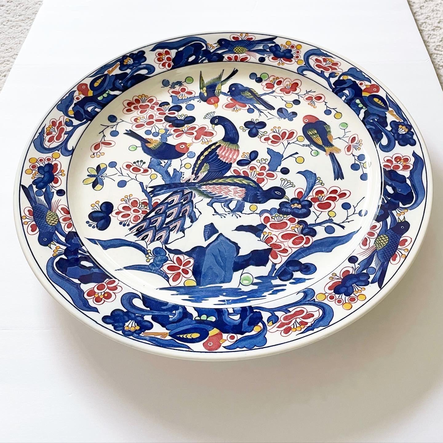 Mid 20th Century Extra Large Ceramic Charger With Peacocks and Various Birds