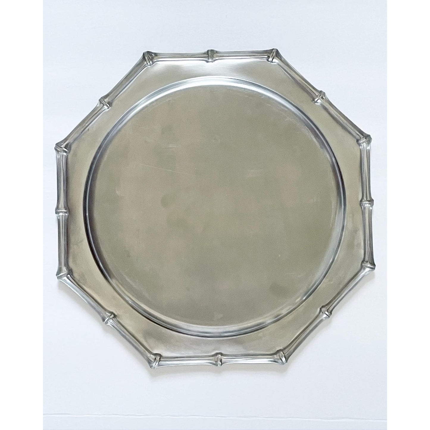 Mid-Century Eight-Sided Stainless Steel Tray With Bamboo Motif