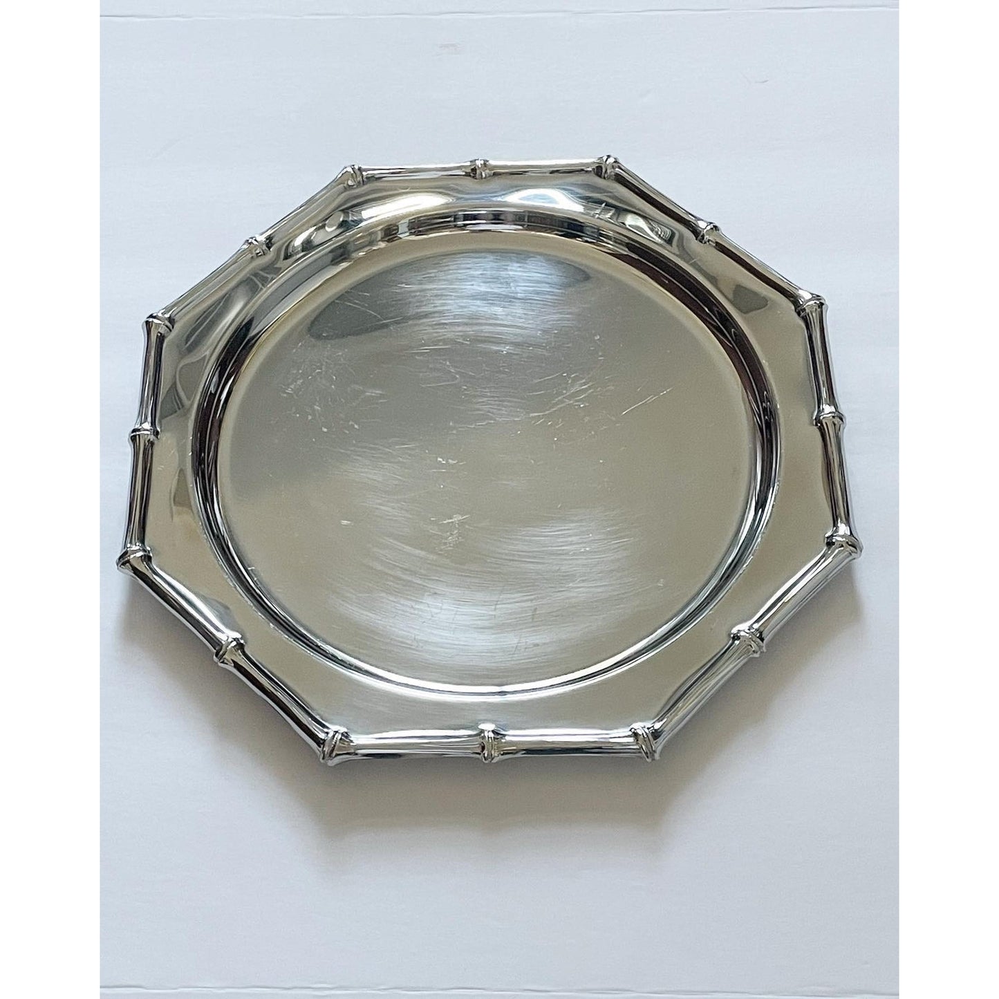 Mid-Century Eight-Sided Stainless Steel Tray With Bamboo Motif