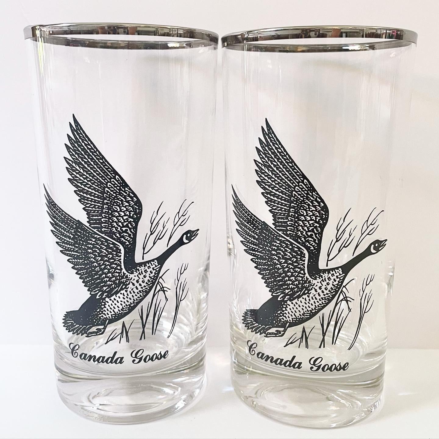 Mid Century Highball Glasses With Ducks and Birds and Silver Rims - Set of 8