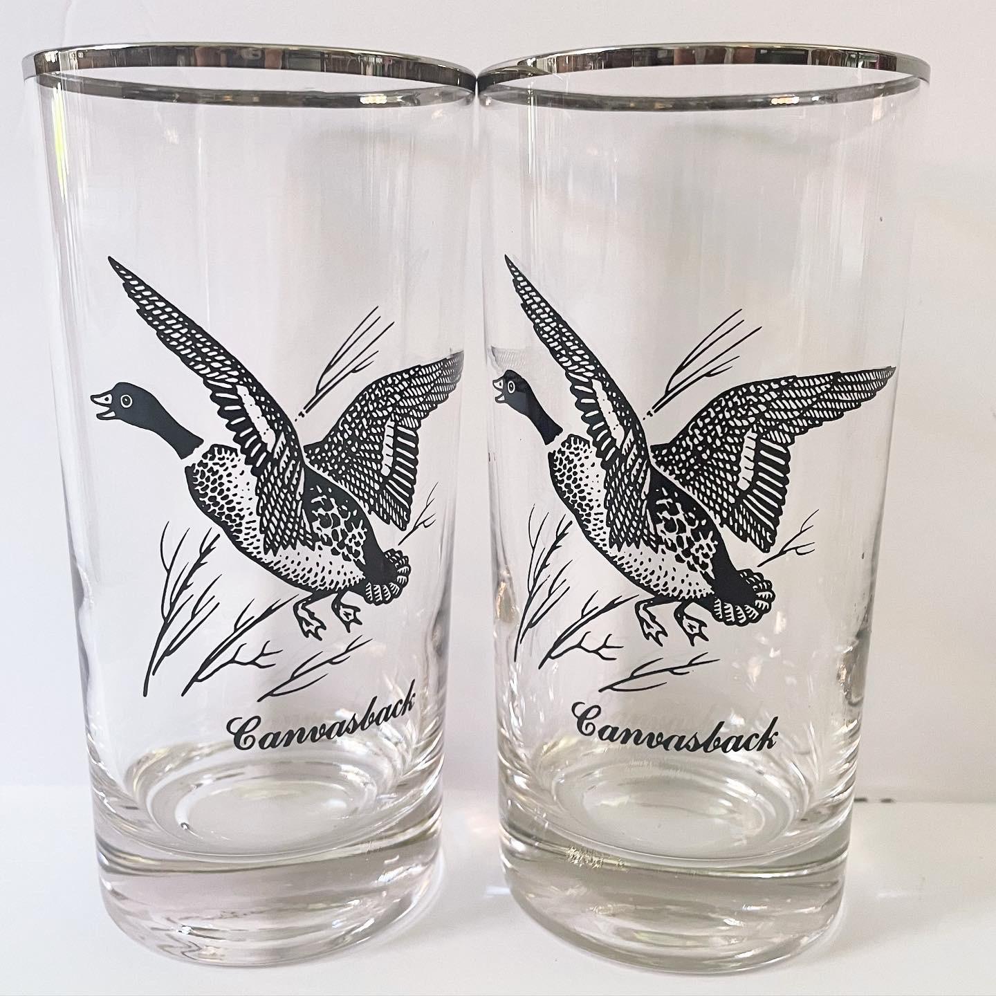 Mid Century Highball Glasses With Ducks and Birds and Silver Rims - Set of 8