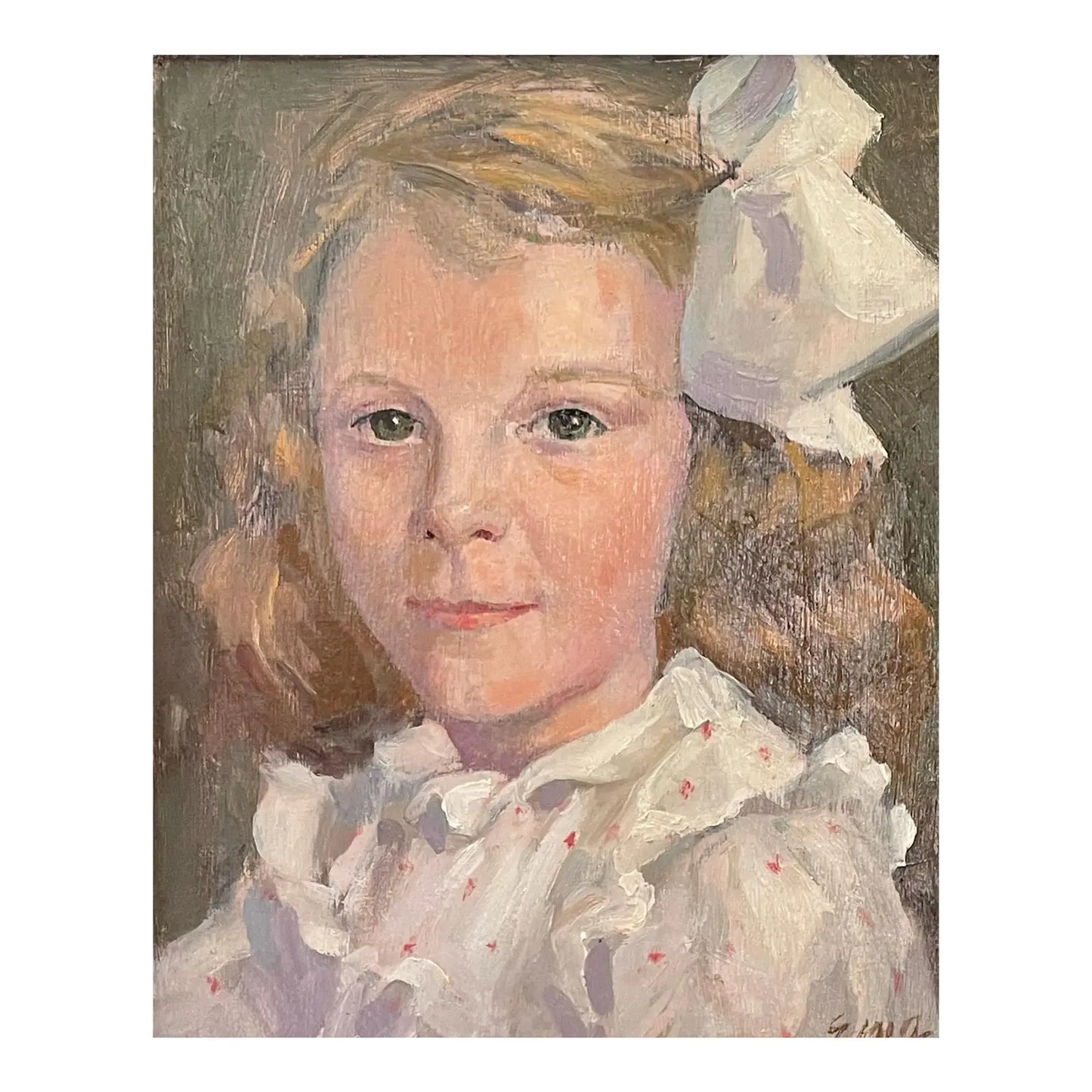 Antique Oil on Board of a Young Girl With a Bow in Her Hair in a Gorgeous Frame