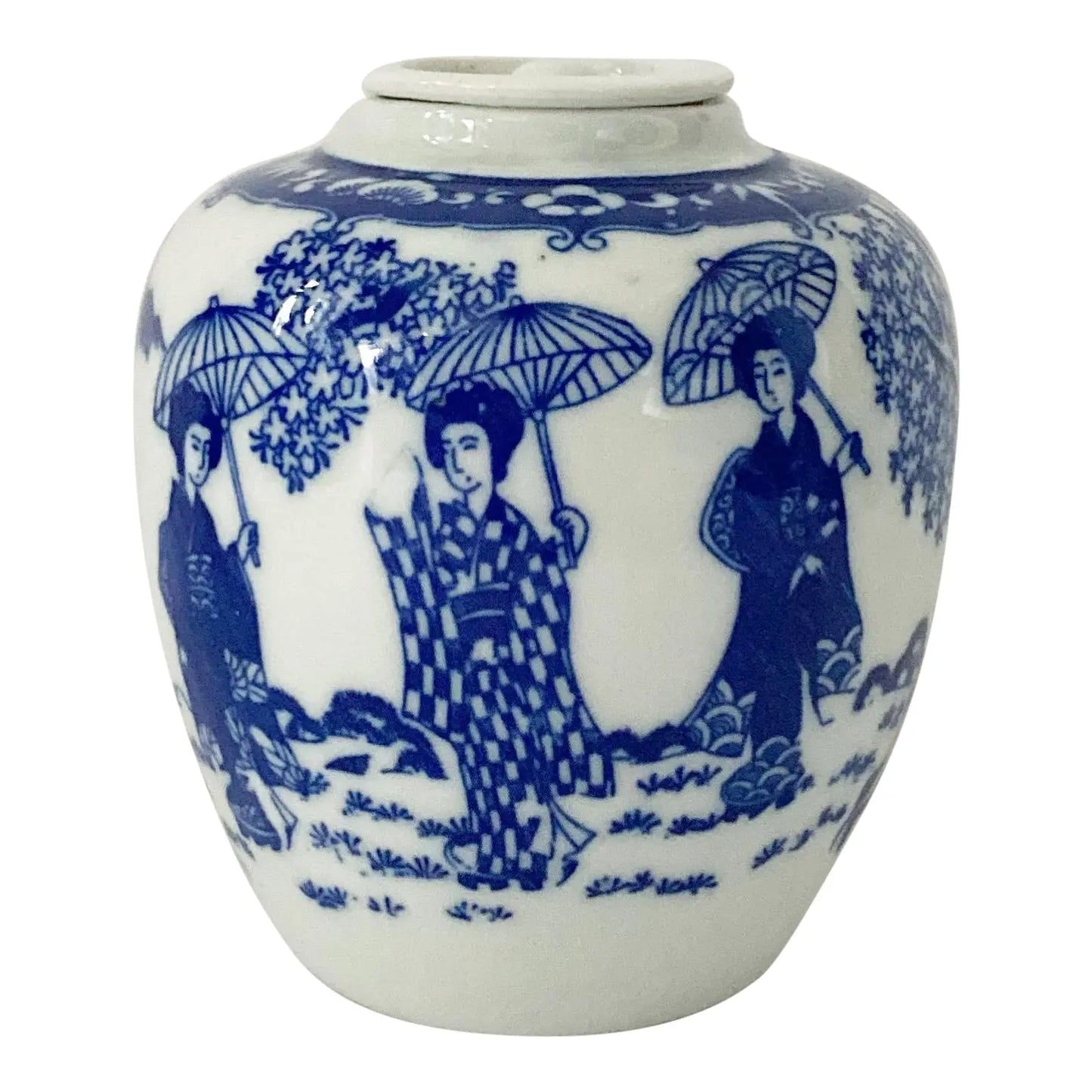 Early 20th Century Blue and White Geisha Ginger Jar