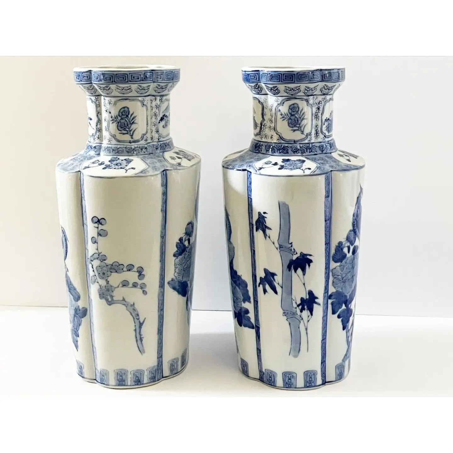 Large Blue and White Chinoiserie Vases With Peacocks - Set of 2