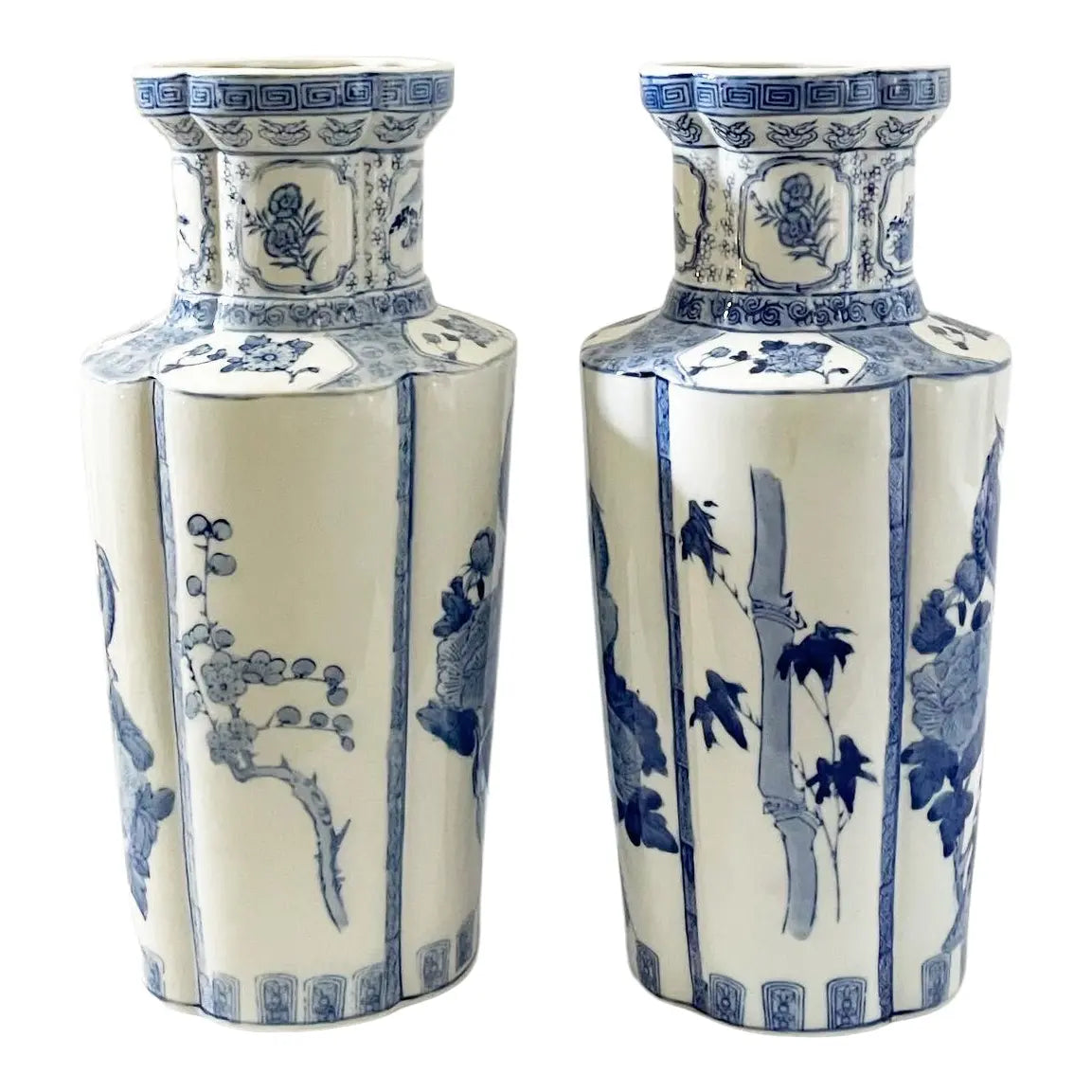 Large Blue and White Chinoiserie Vases With Peacocks - Set of 2