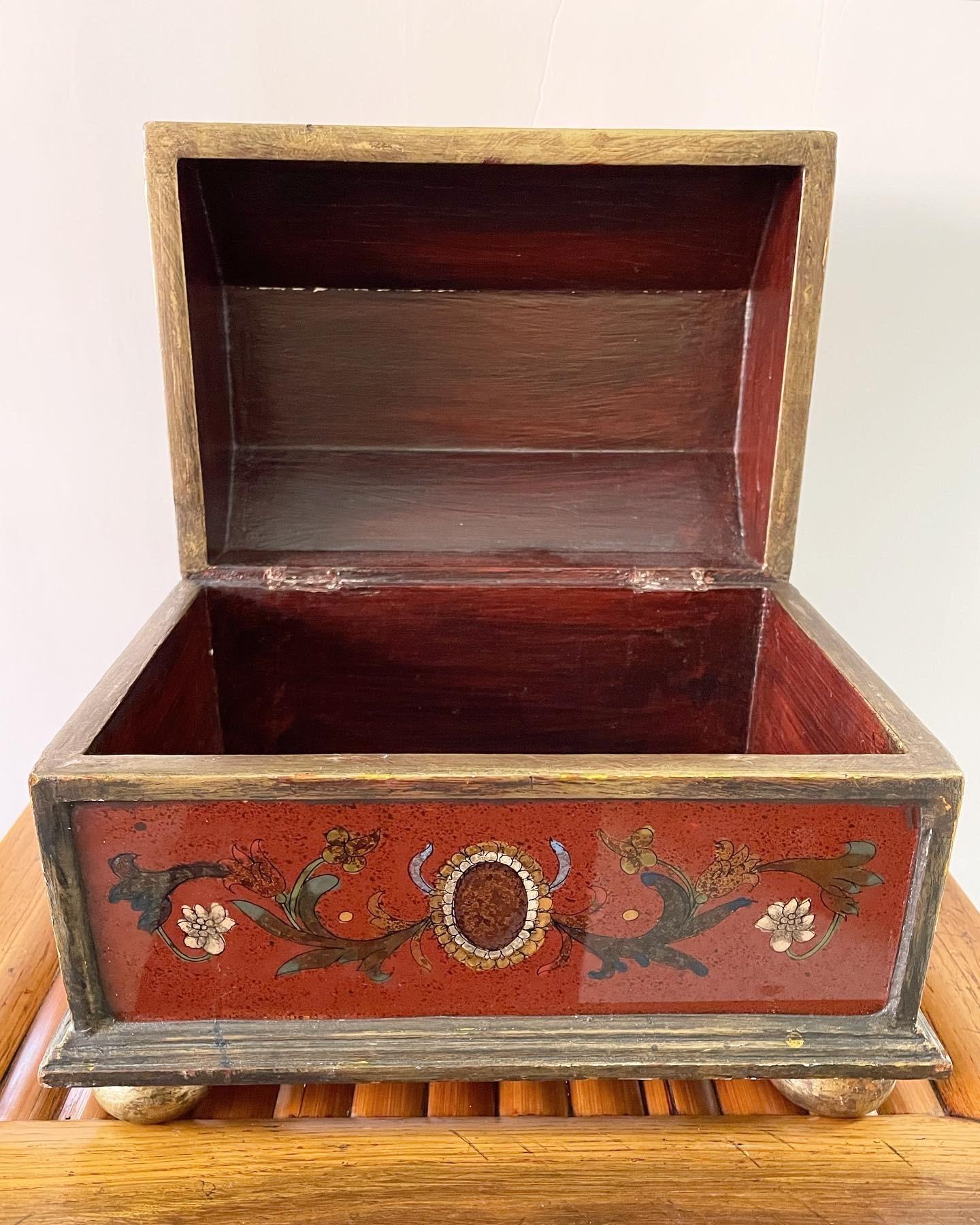 Mid 20th Century Wood Box With Hand Painted Glass Panels on Bun Feet