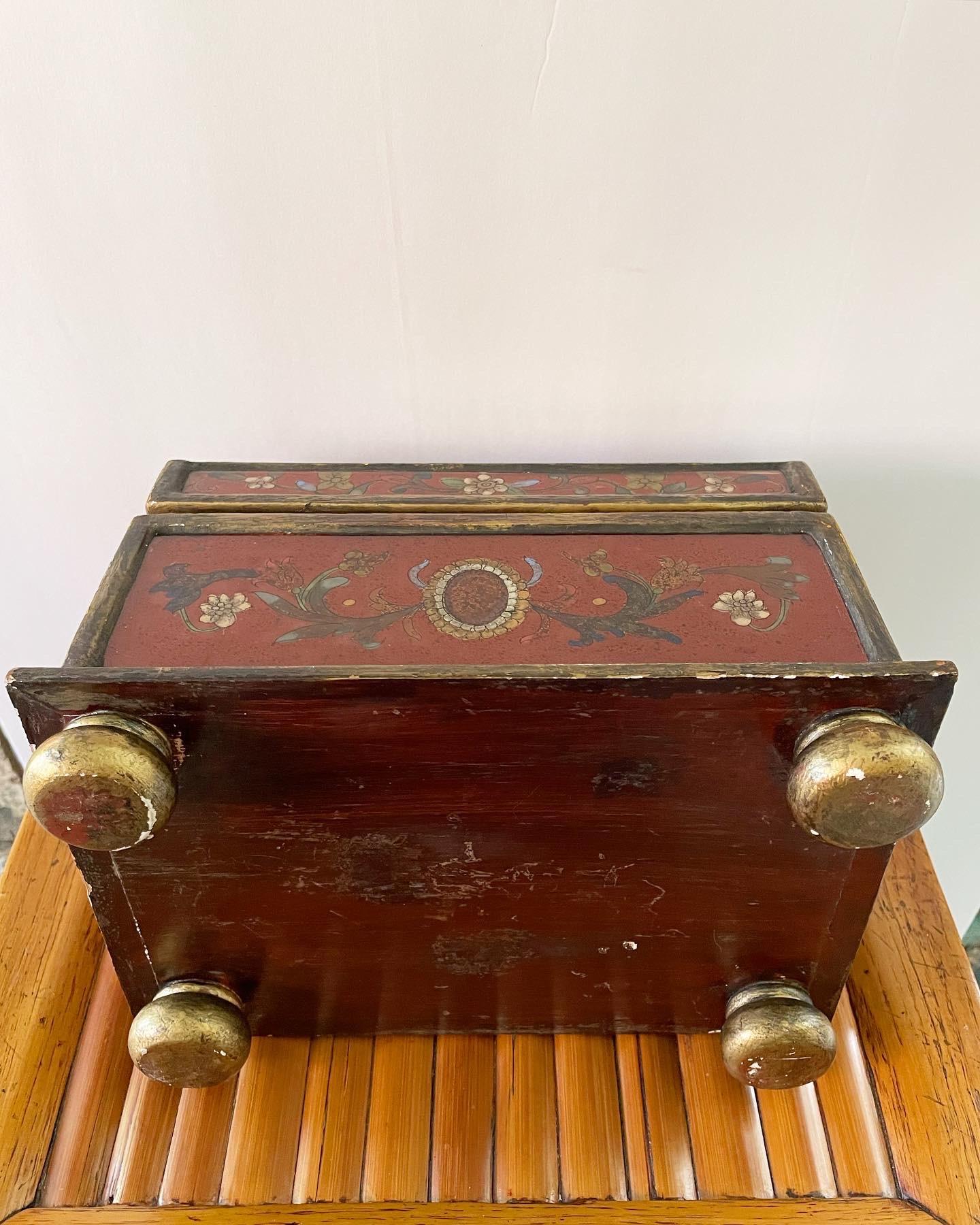 Mid 20th Century Wood Box With Hand Painted Glass Panels on Bun Feet