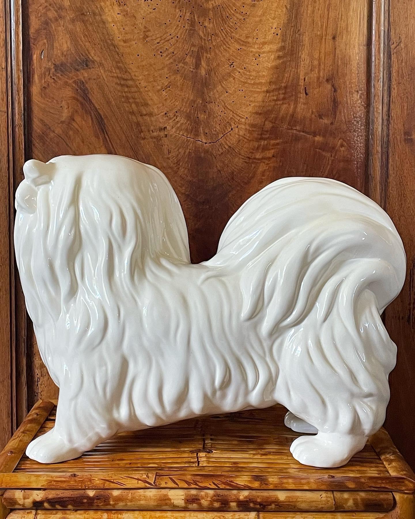 Mid Century Ceramic White Pekingese Dog