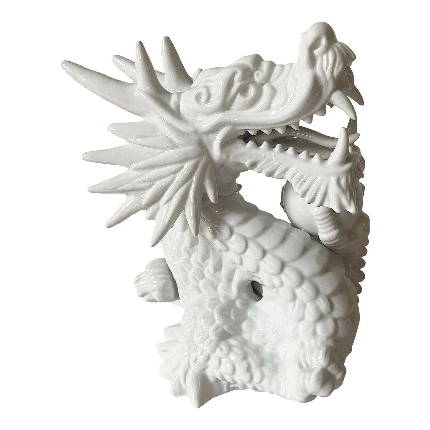 Mid Century Porcelain Dragon Sculpture Holding a Pearl
