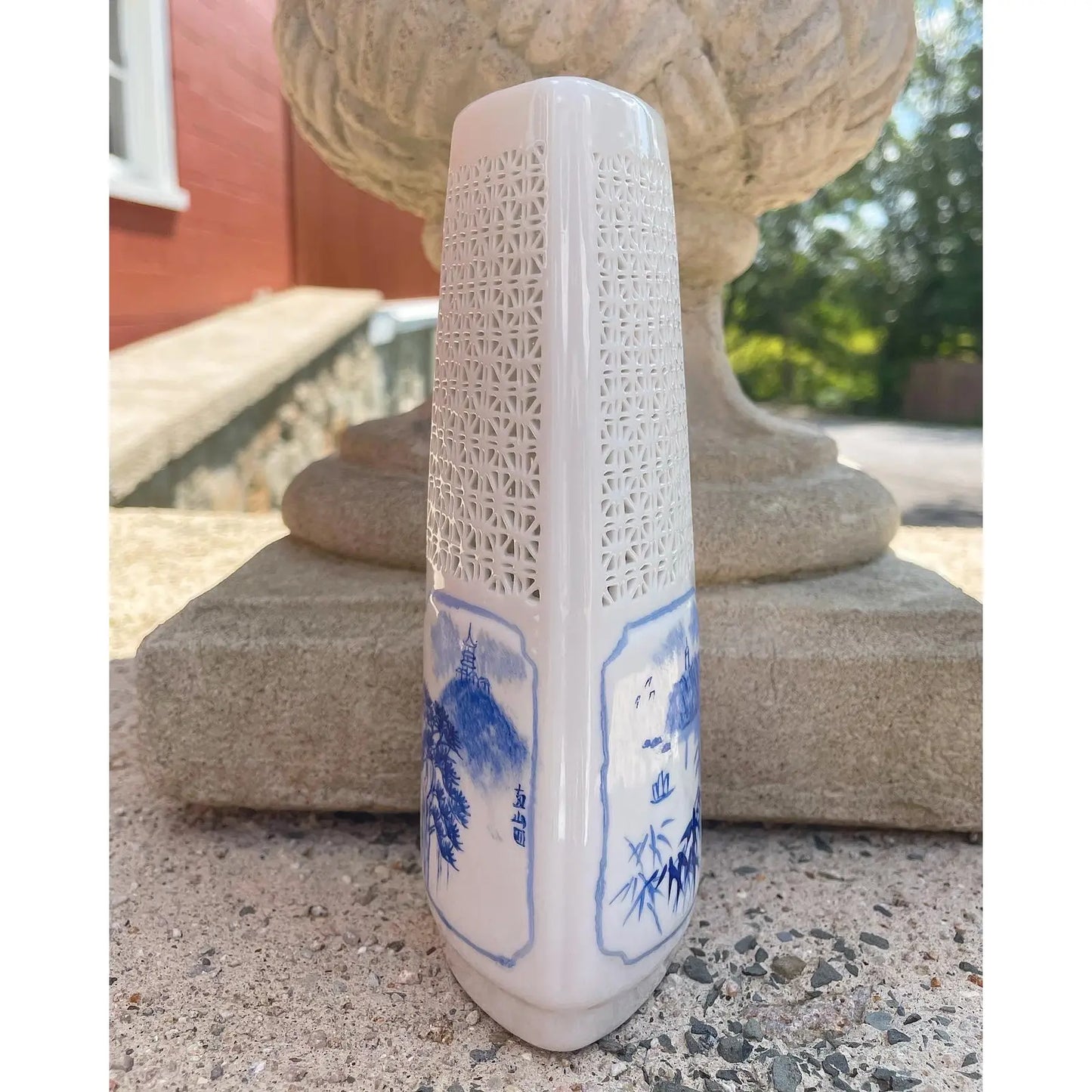 Vintage Blue and White Porcelain Vase With Intricate Piercing