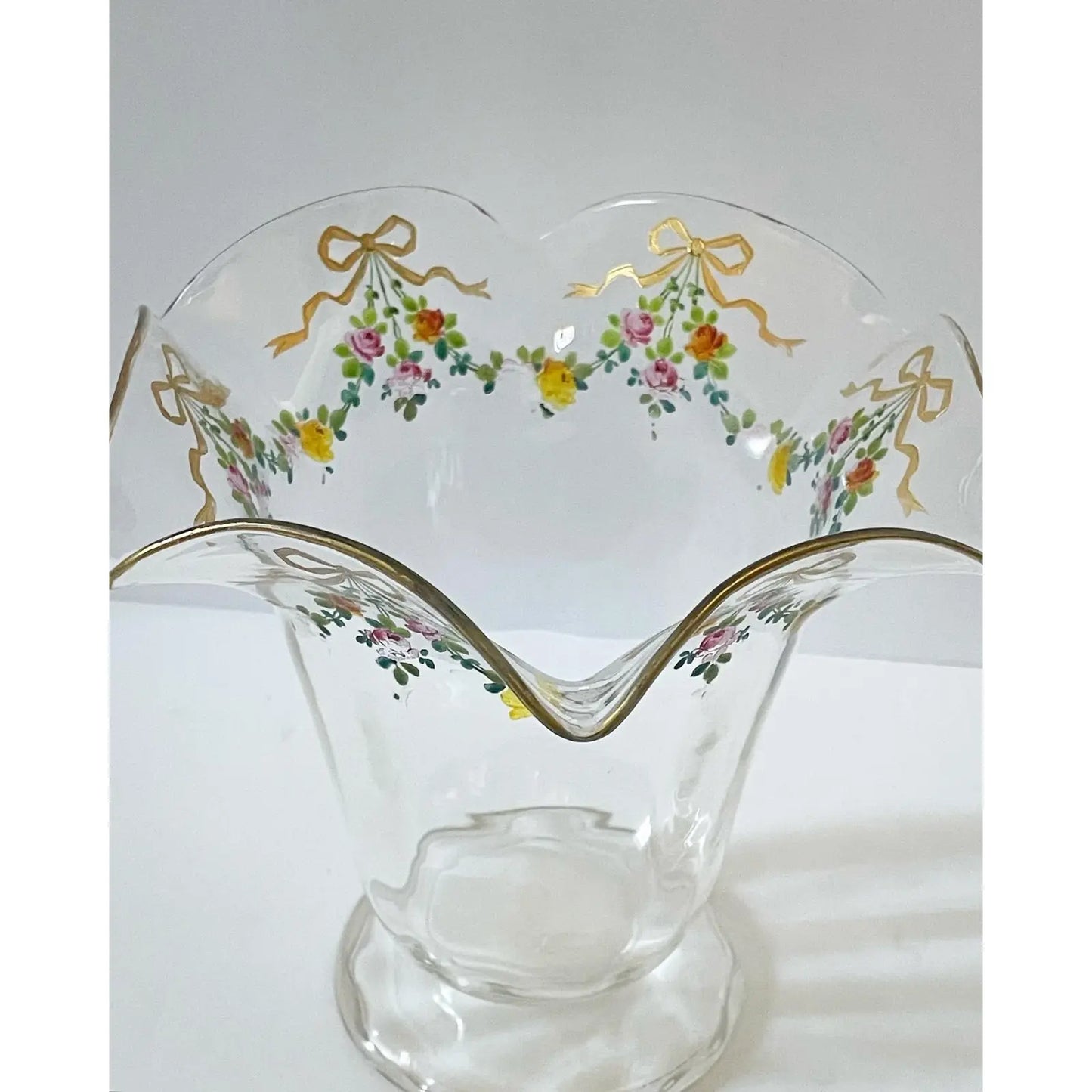 Vintage Early 20th Century Hand Blown Vase With Hand Painted Floral Swags and Gold Ribbons