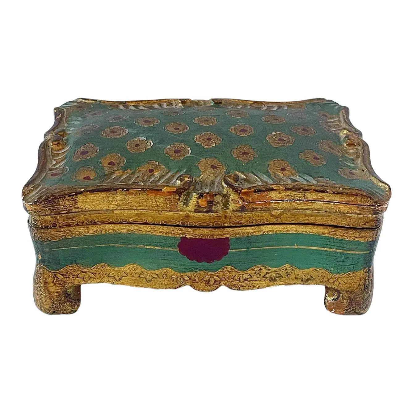 Vintage Mid-Century Green and Gold Carved and Painted Florentine Box