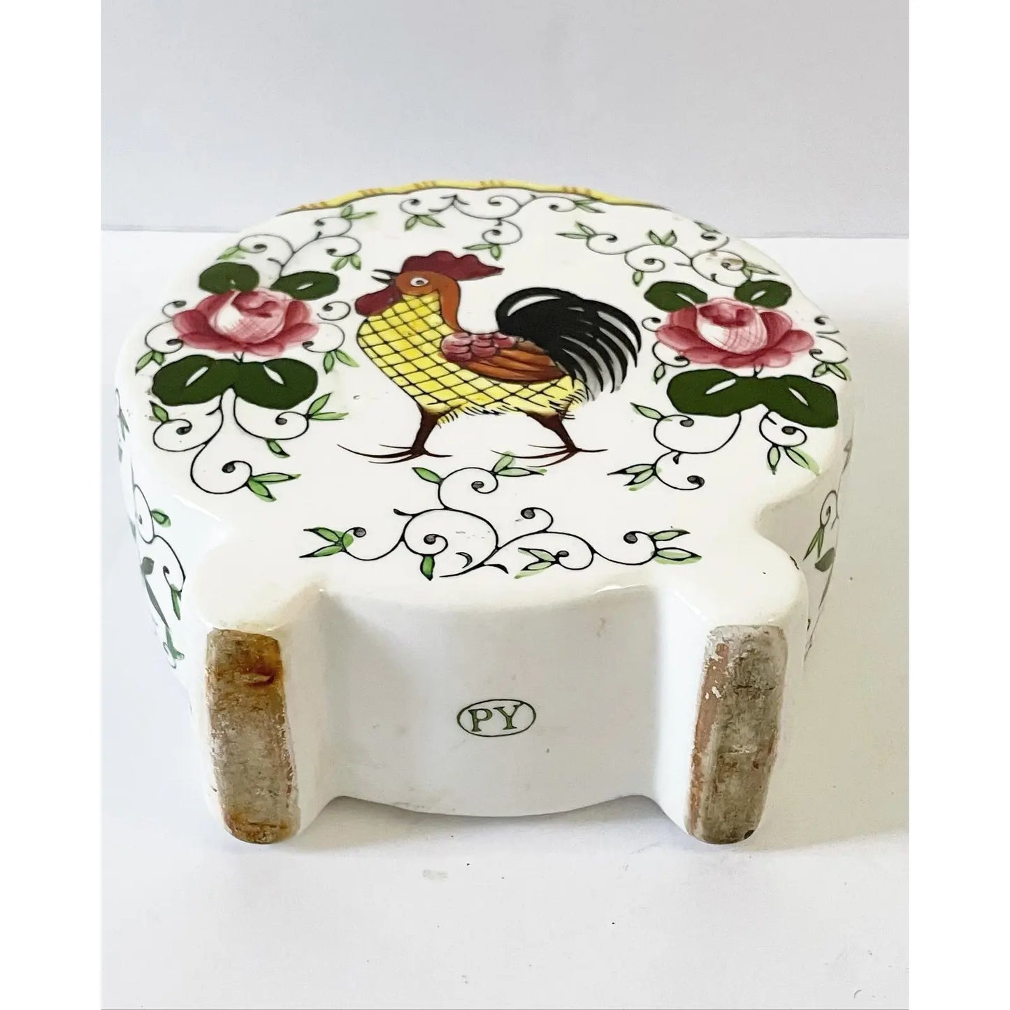 Vintage Round Hand-Painted Ceramic Vase With Center Rooster