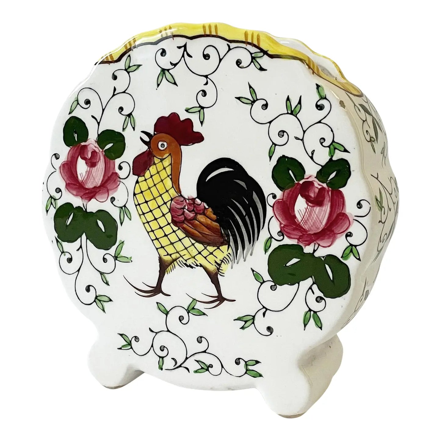 Vintage Round Hand-Painted Ceramic Vase With Center Rooster