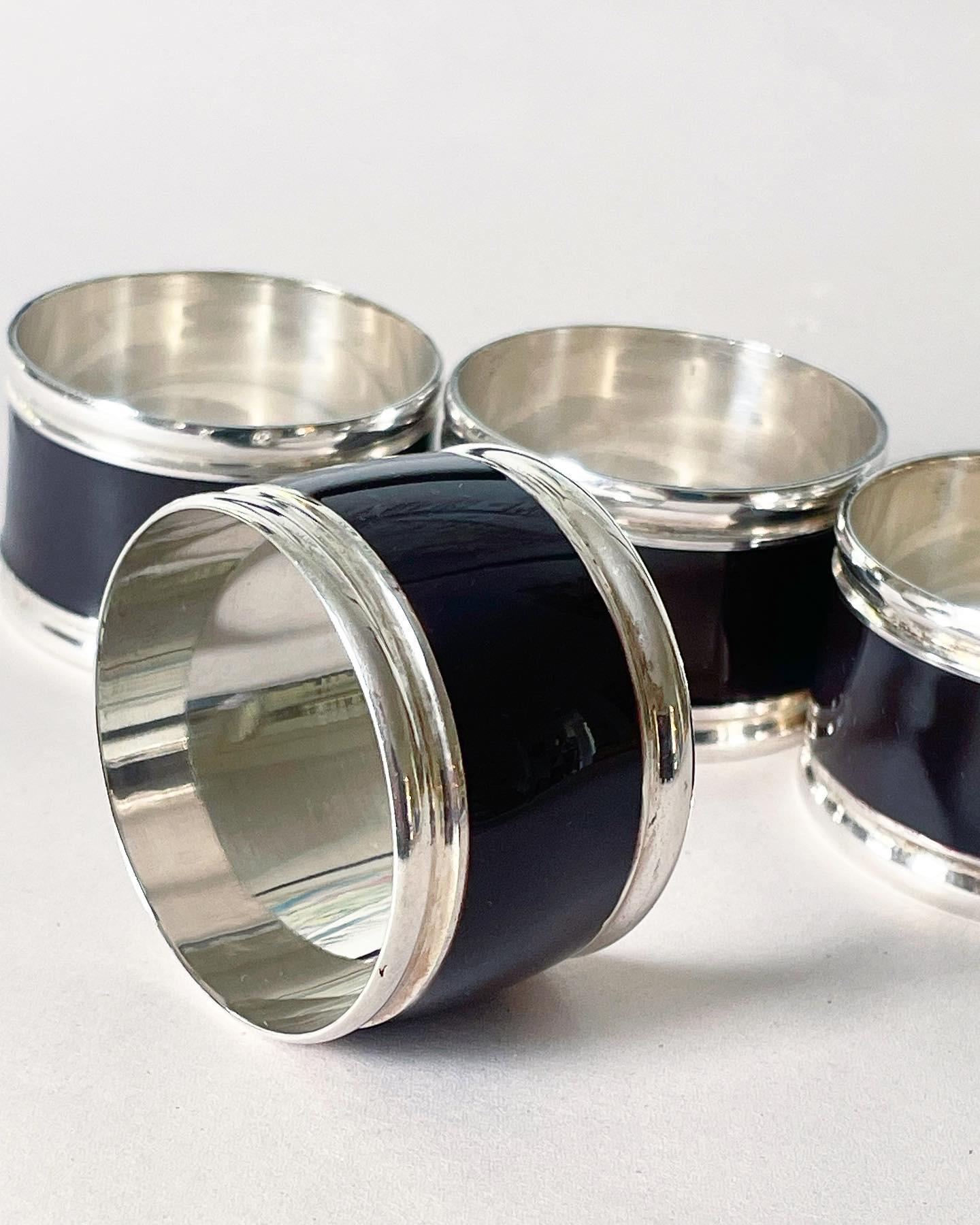 Vintage Silver and Black Enamel Napkin Rings