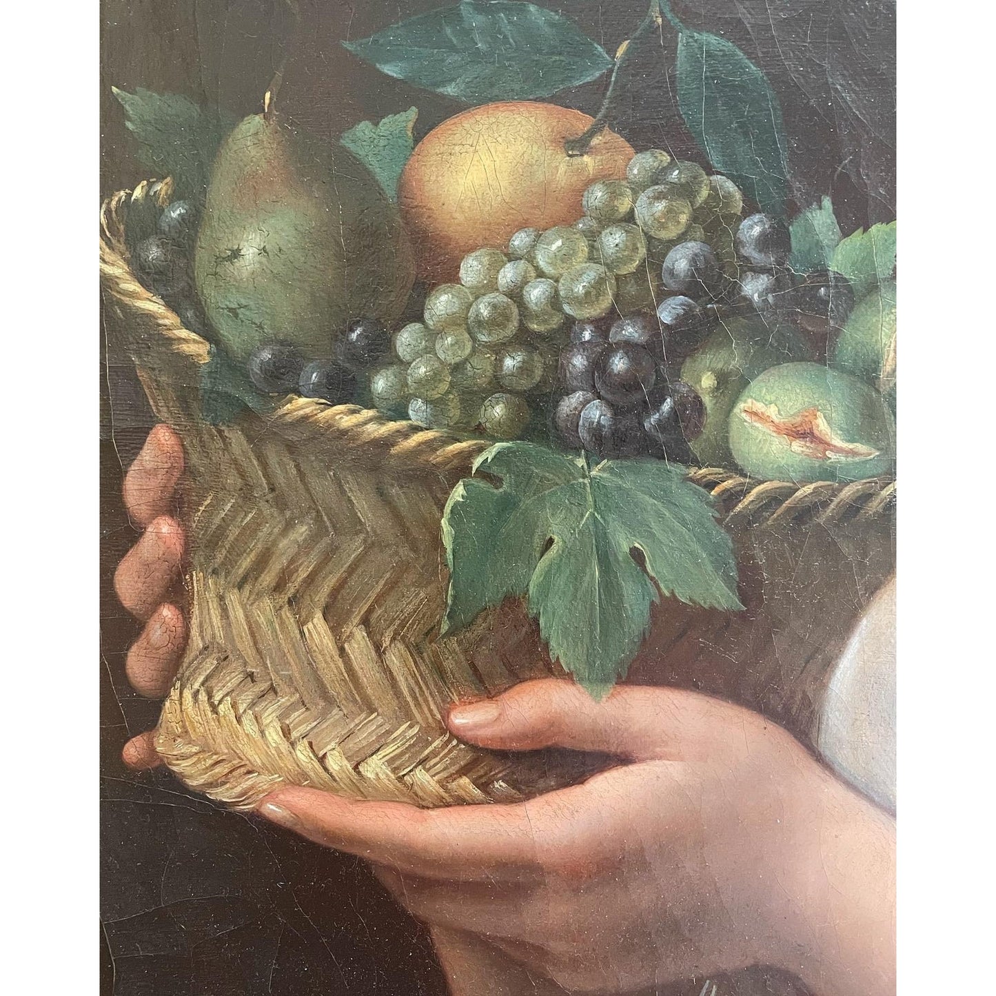Antique Oil on Canvas of an Attractive Young Woman Holding a Basket of Fruit