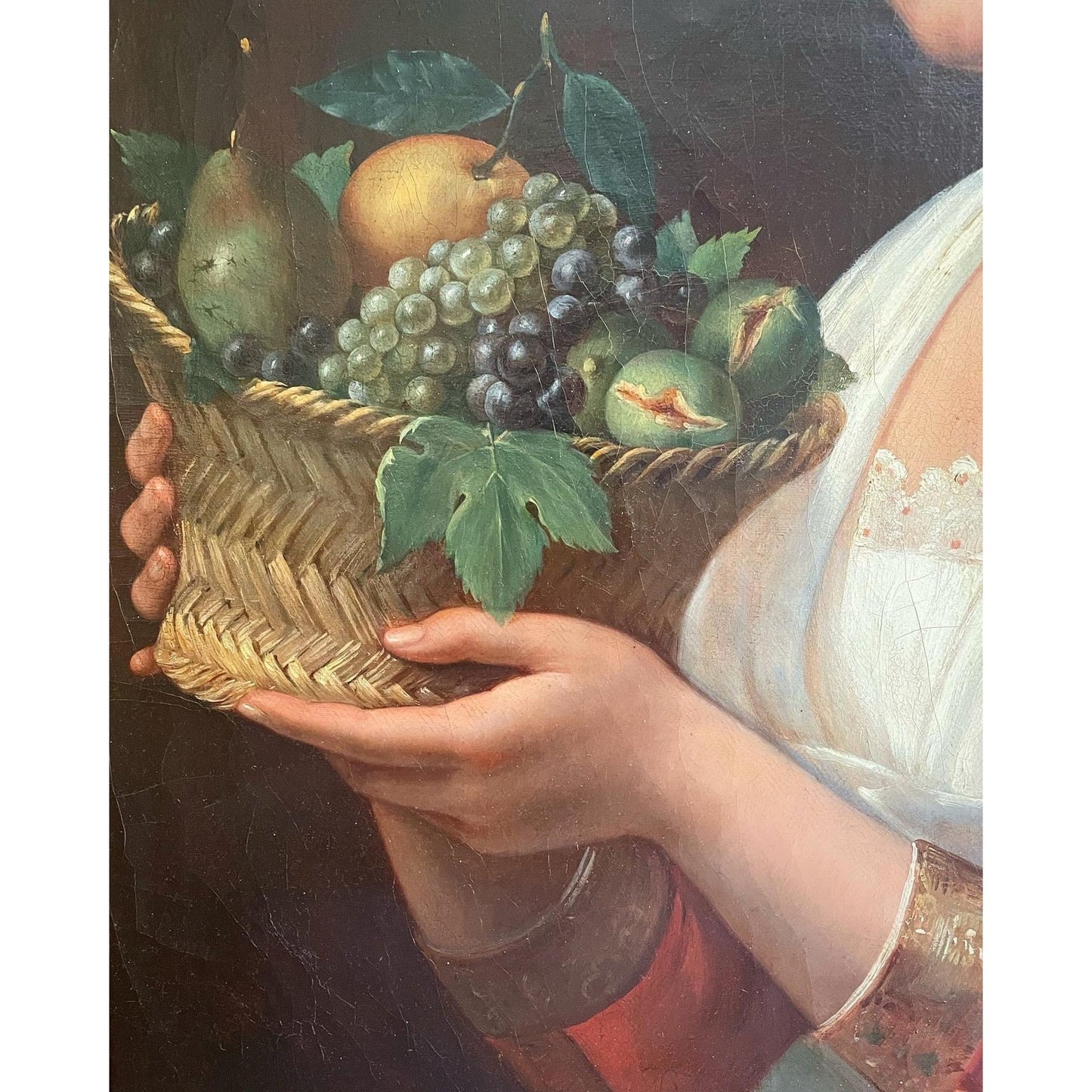 Antique Oil on Canvas of an Attractive Young Woman Holding a Basket of Fruit