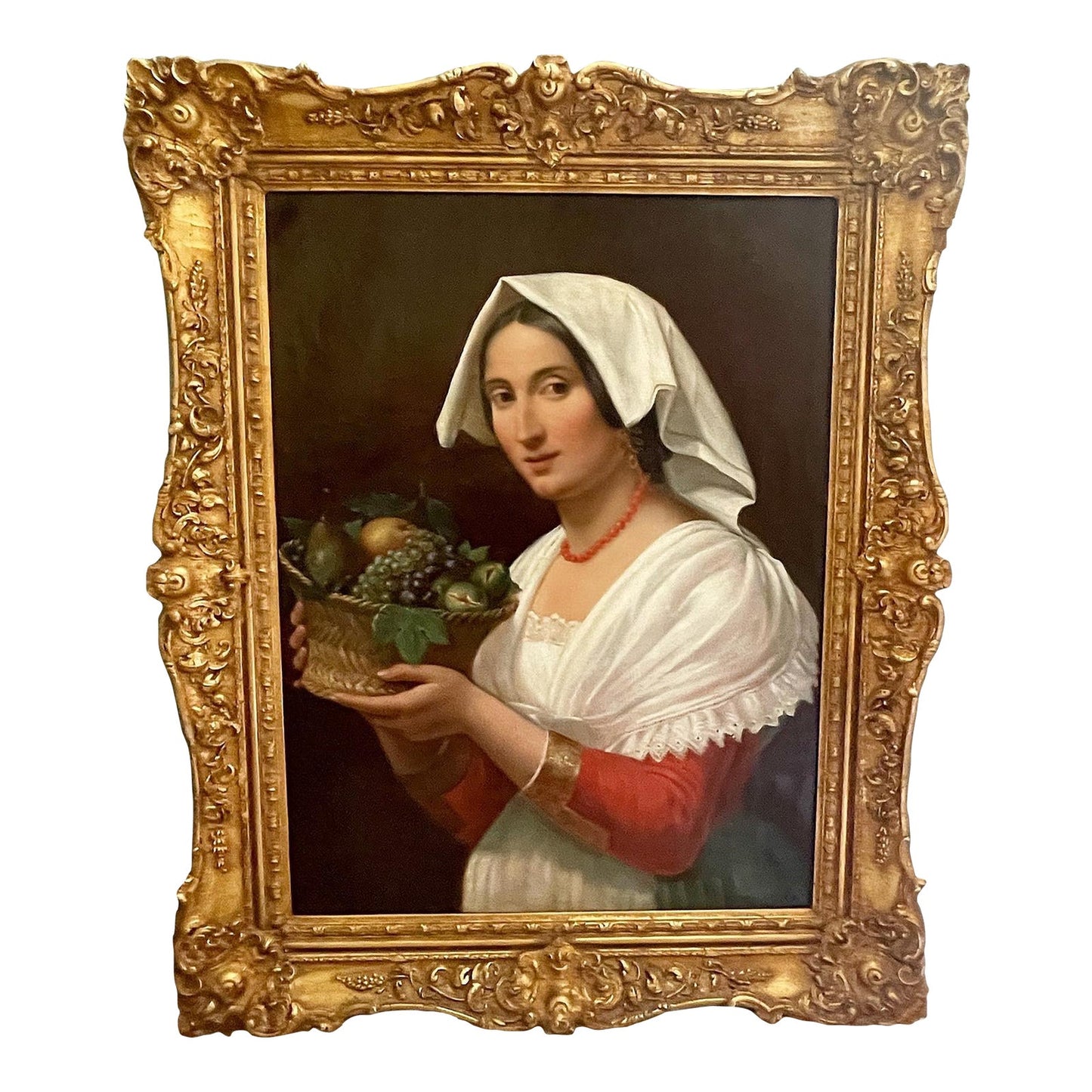 Antique Oil on Canvas of an Attractive Young Woman Holding a Basket of Fruit