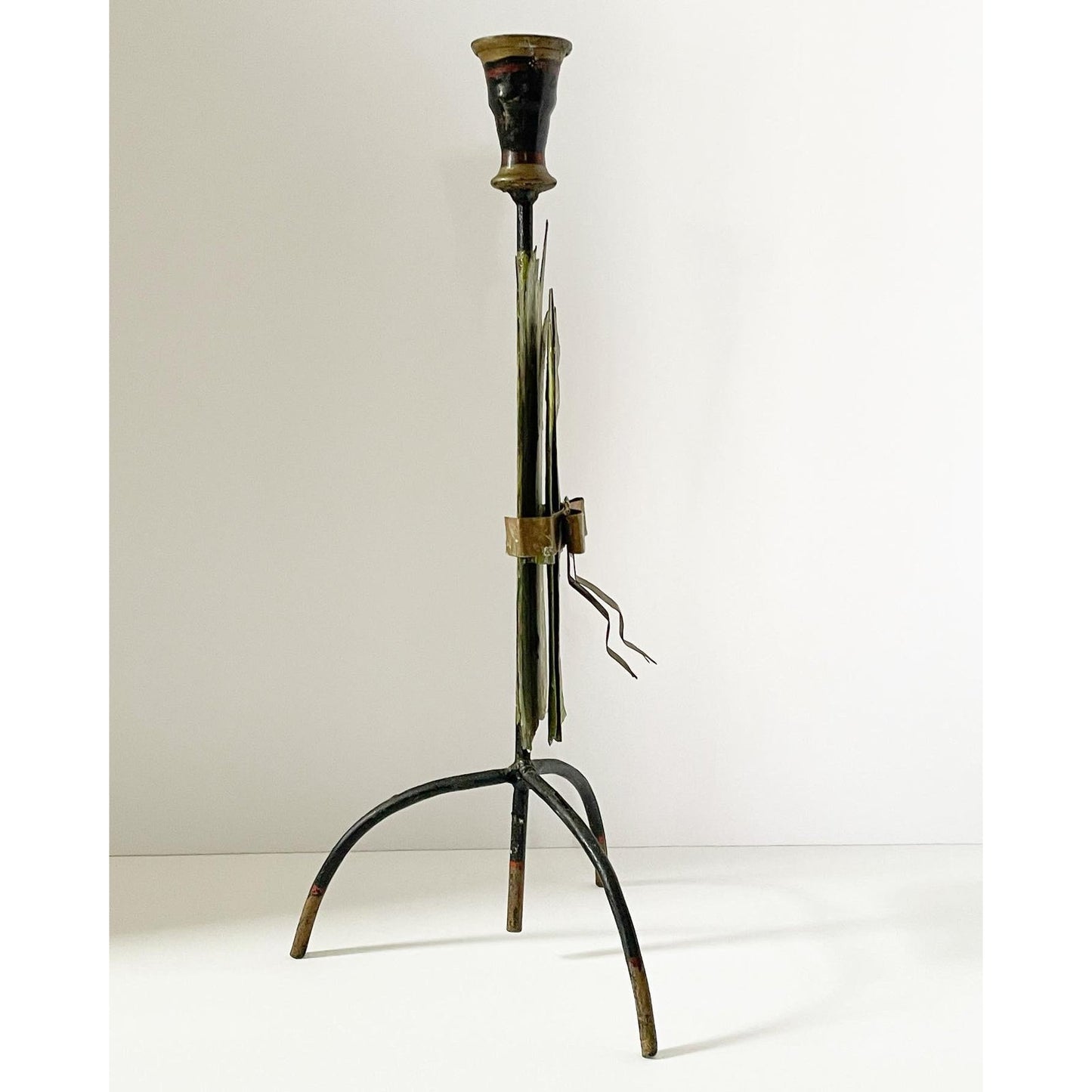 Early 20th Century Handpainted Toleware Candle Stick Holder With Asparagus