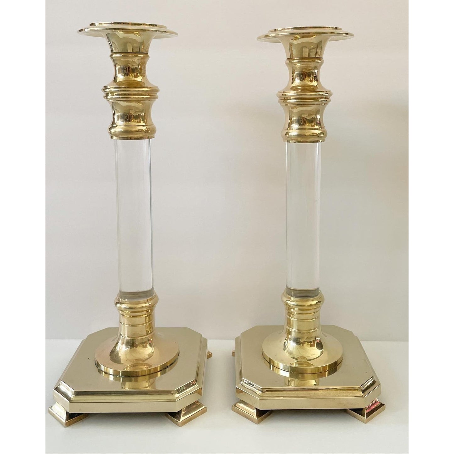 Fabulous Extra Large Lucite and Polished Brass Candlestick Holders on Footed Base