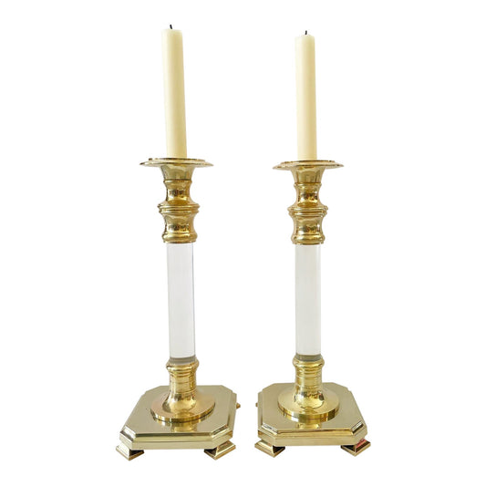 Fabulous Extra Large Lucite and Polished Brass Candlestick Holders on Footed Base