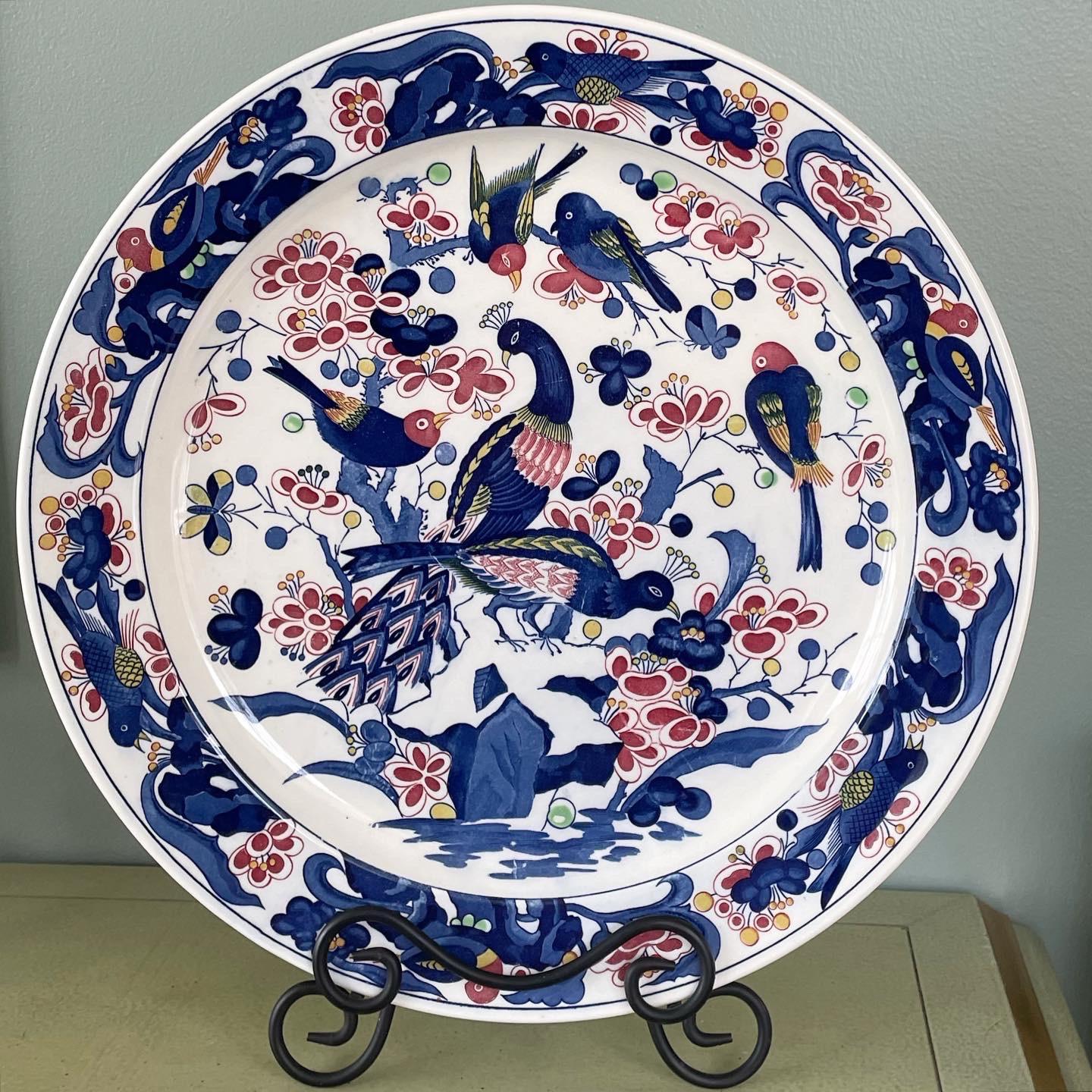 Mid 20th Century Extra Large Ceramic Charger With Peacocks and Various Birds
