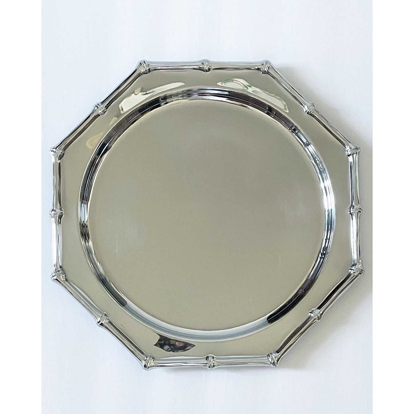 Mid-Century Eight-Sided Stainless Steel Tray With Bamboo Motif