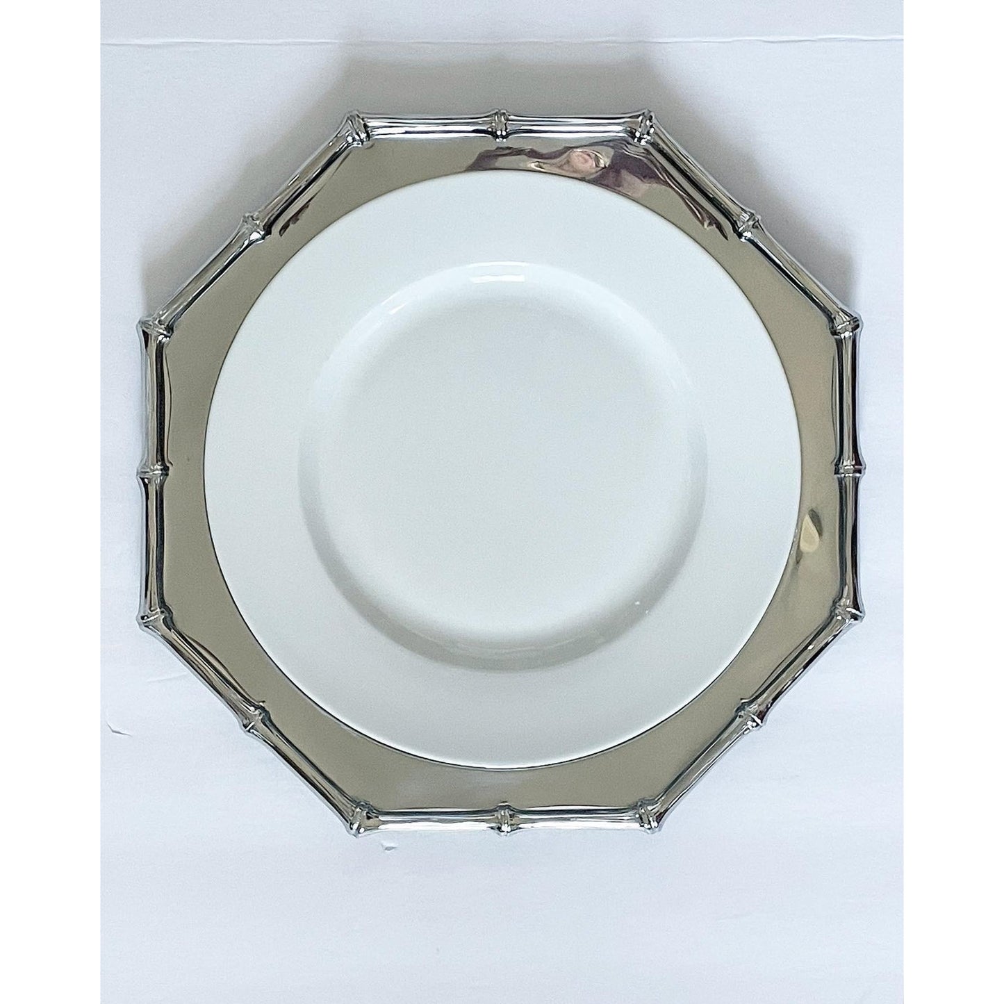 Mid-Century Eight-Sided Stainless Steel Tray With Bamboo Motif